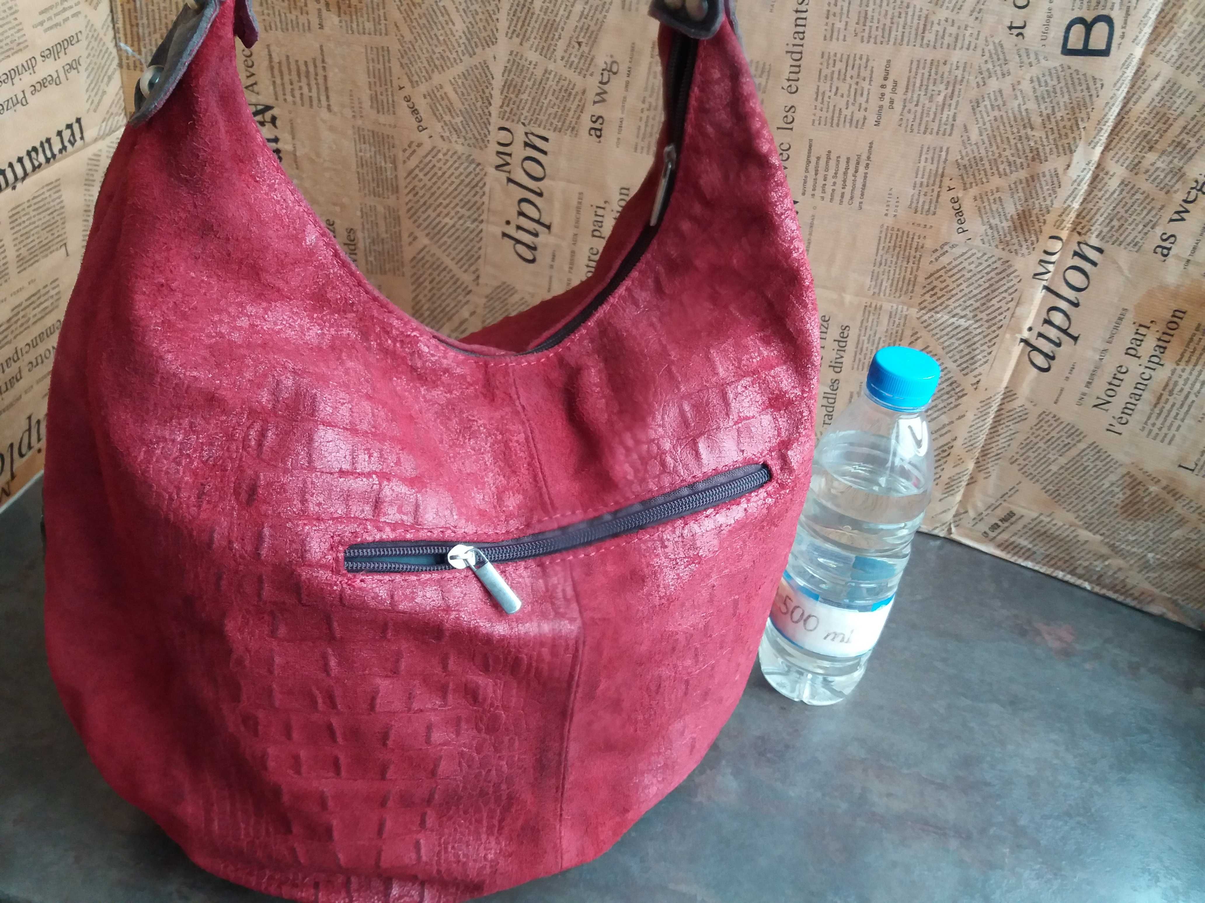 Червена велурена чанта.торба-естествена кожа