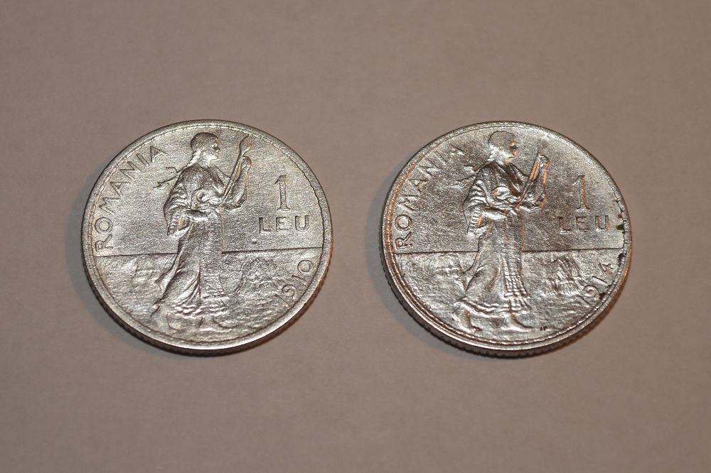 1 Leu 1910 + 1 Leu 1914 ( cu eroare ) - Monede argint România Carol I