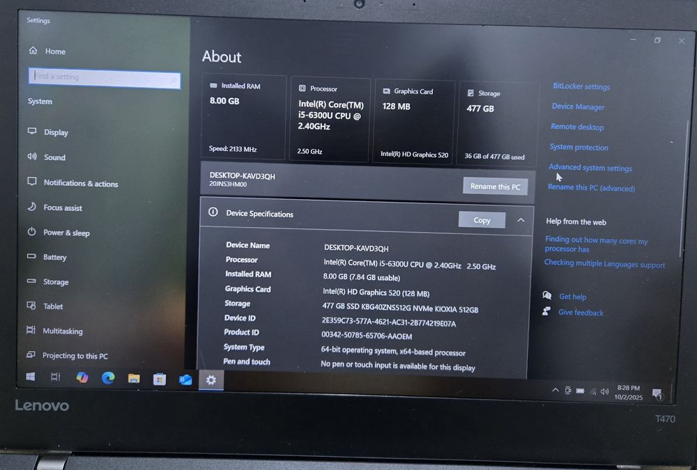 Laptop Lenovo T470 i5 6300U 2.50GHz 8GB Ram SSD 480GB