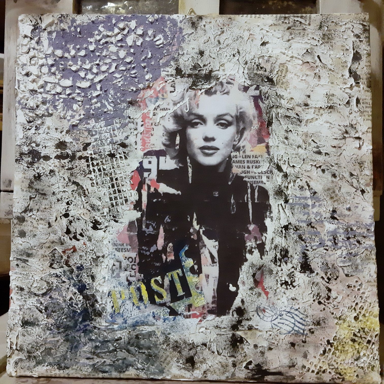 Tablou unicat mixed media decoupage pop art Marylin 30x30 cm