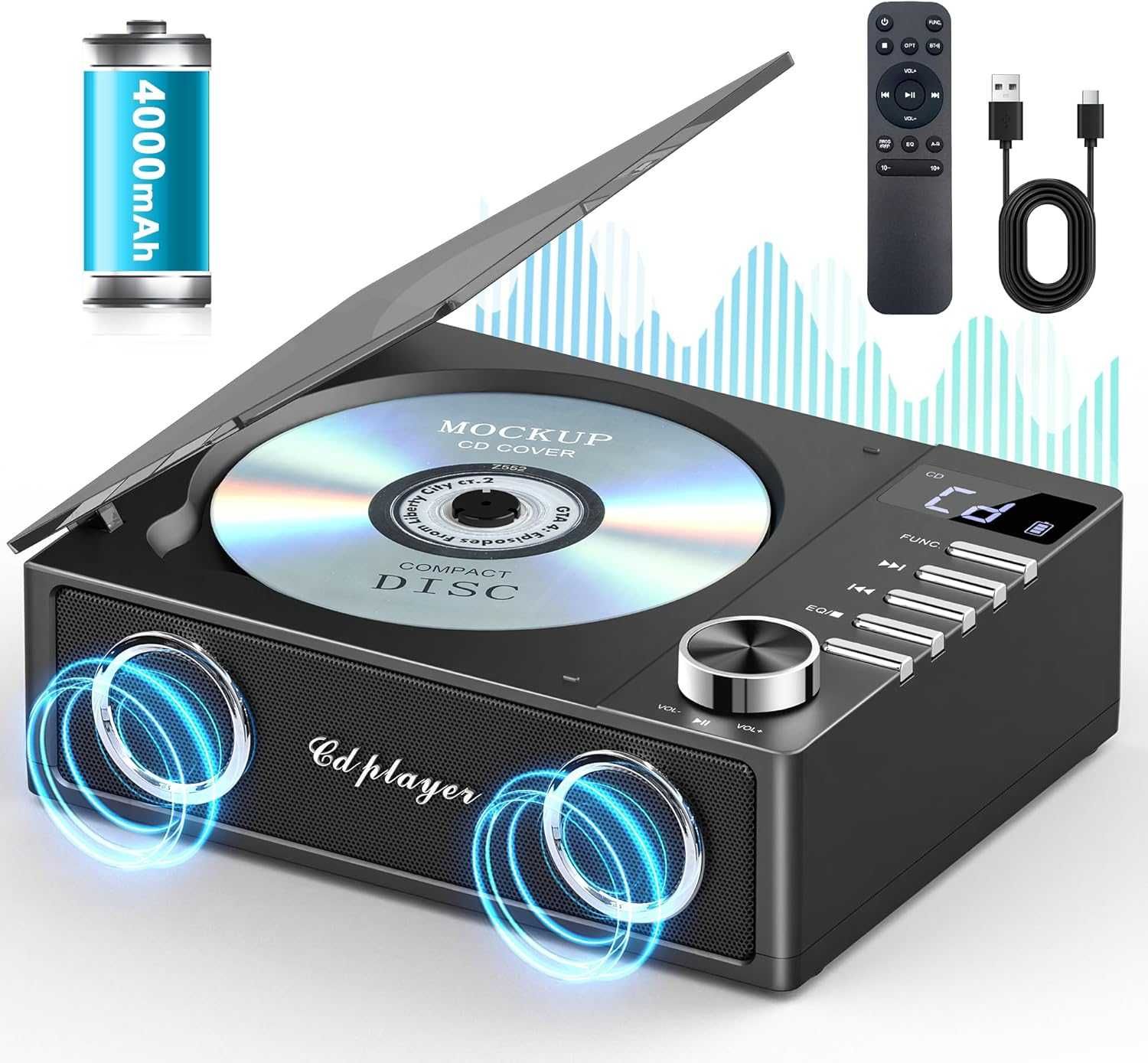 Преносим CD плейър Greadio с Bluetooth 5.3, 4000mAh, дистанционно