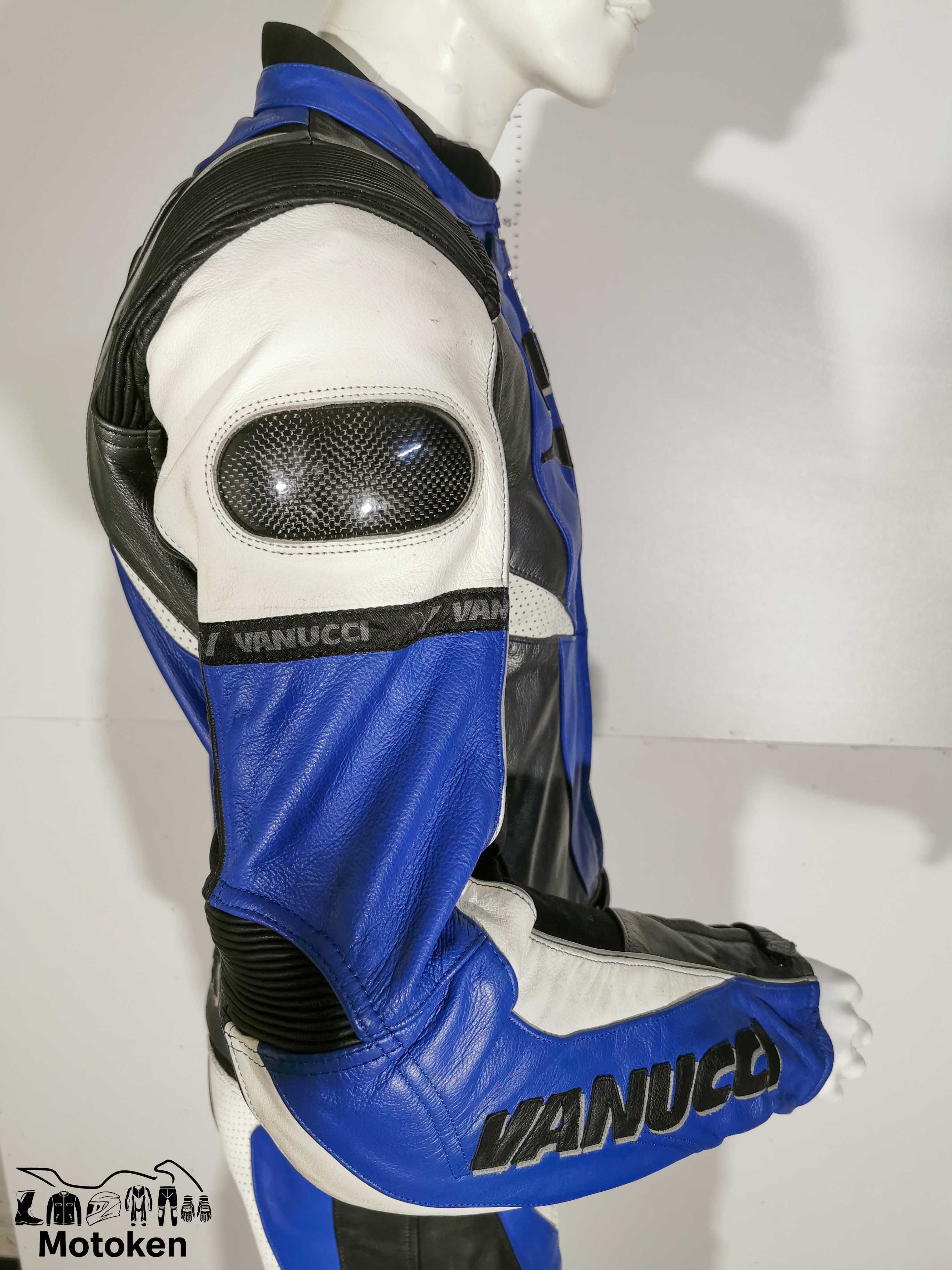 Costum Vanucci moto piele albastru, gri, alb, negru mărime 52