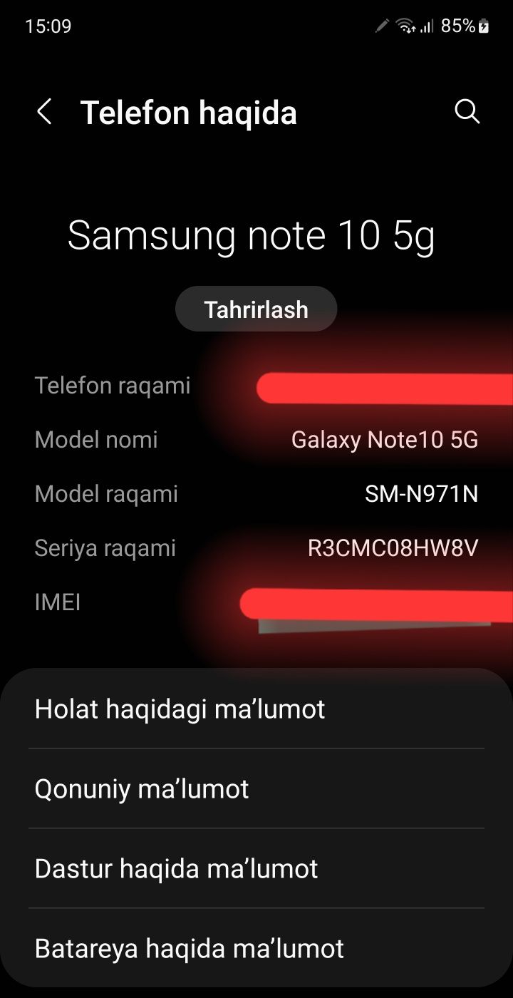 Samsung note 10 5g 12ga 256 xotira