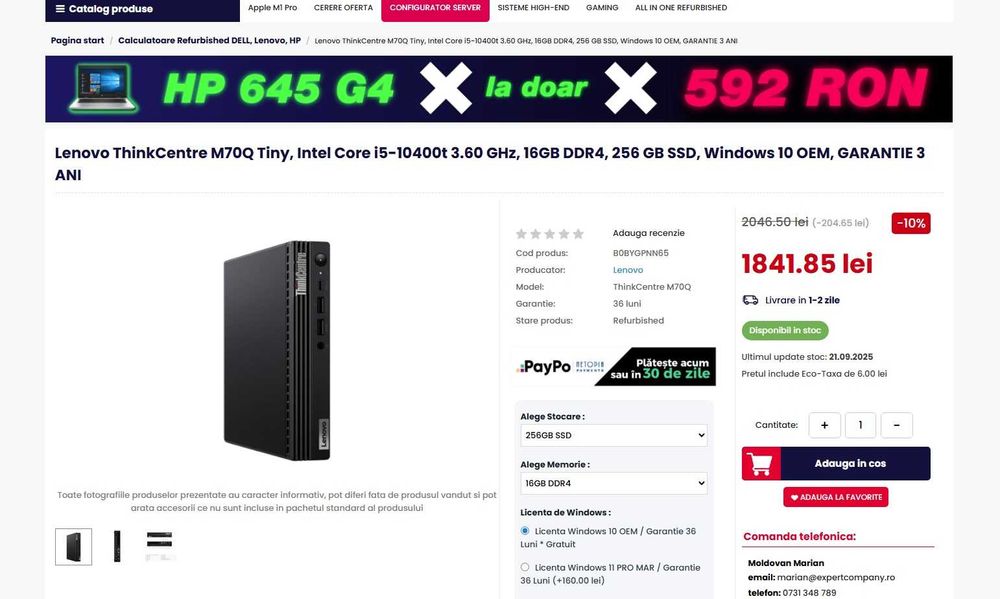 Lenovo ThinkCentre M70Q Tiny, i5-10400T, Nou – Sigilat