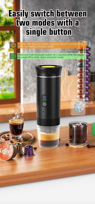 Espressor portabil cu ecran LED 72W 80ml 7500mAh, INOX, Negru