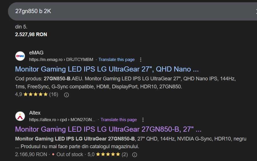Gaming LG 27 inch 2K, QH 144Hz IPS (model 27GN850 - B