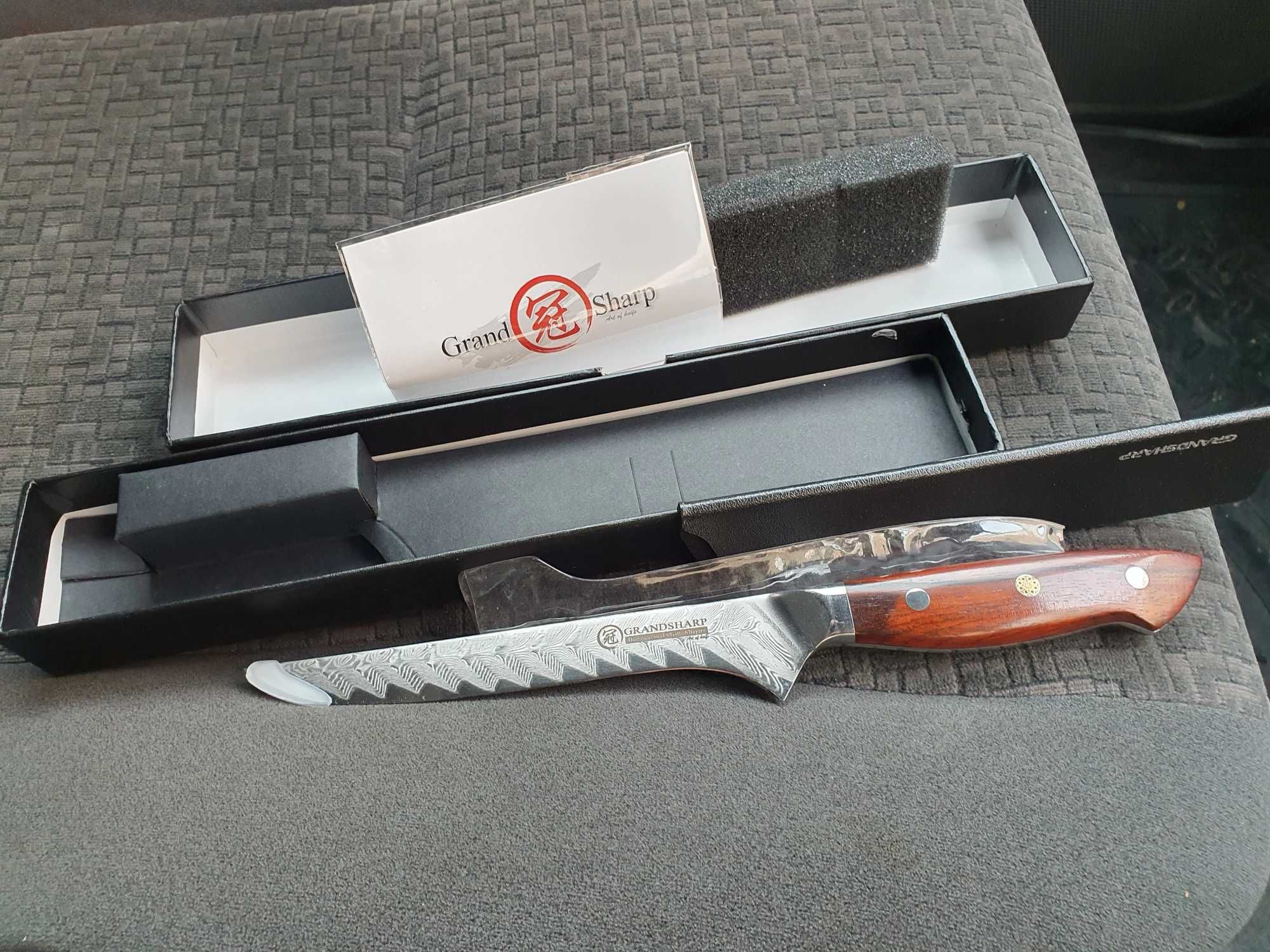 Cutit traditional japonez tip boning, otel Damasc, teaca piele