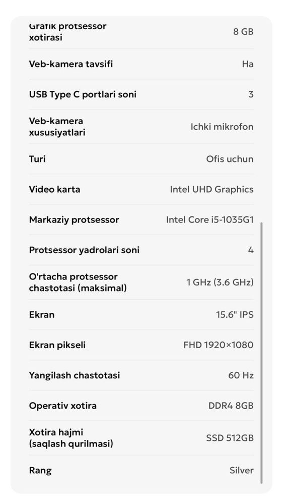 Noutbuk HP 15-dw2095ur | Intel Core i5-1035G1 | DDR4 8GB | SSD 512 GB