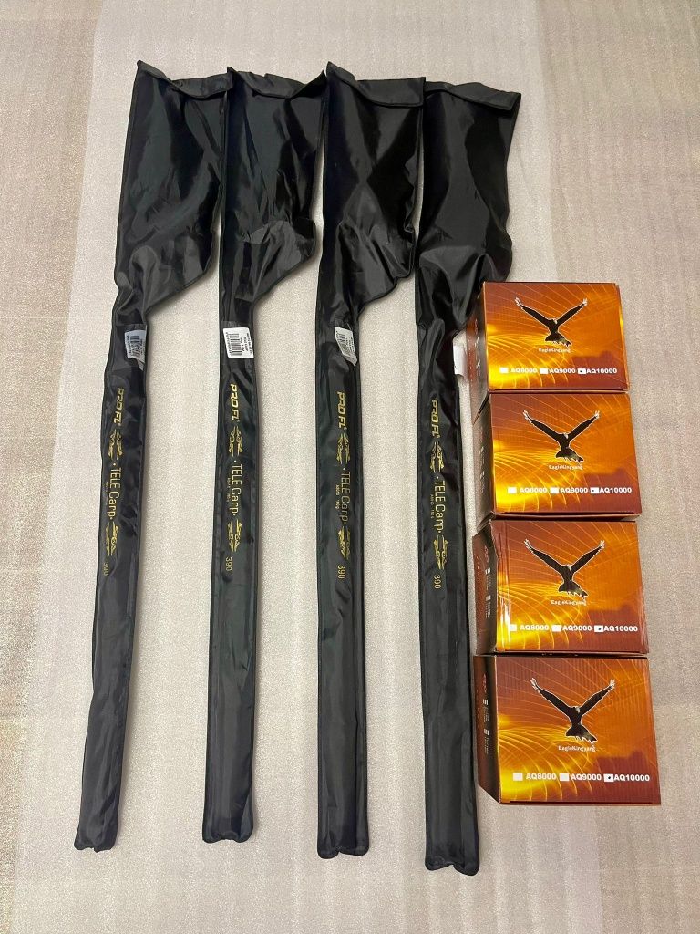SET 4 Lansete Telescopice FL TELE CARP 3.90m 180G + 4 Mulinete AQ10000