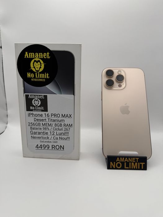 iPhone 16 Pro Max 256GB Desert Titanium Baterie 98% Garantie 12 Luni.