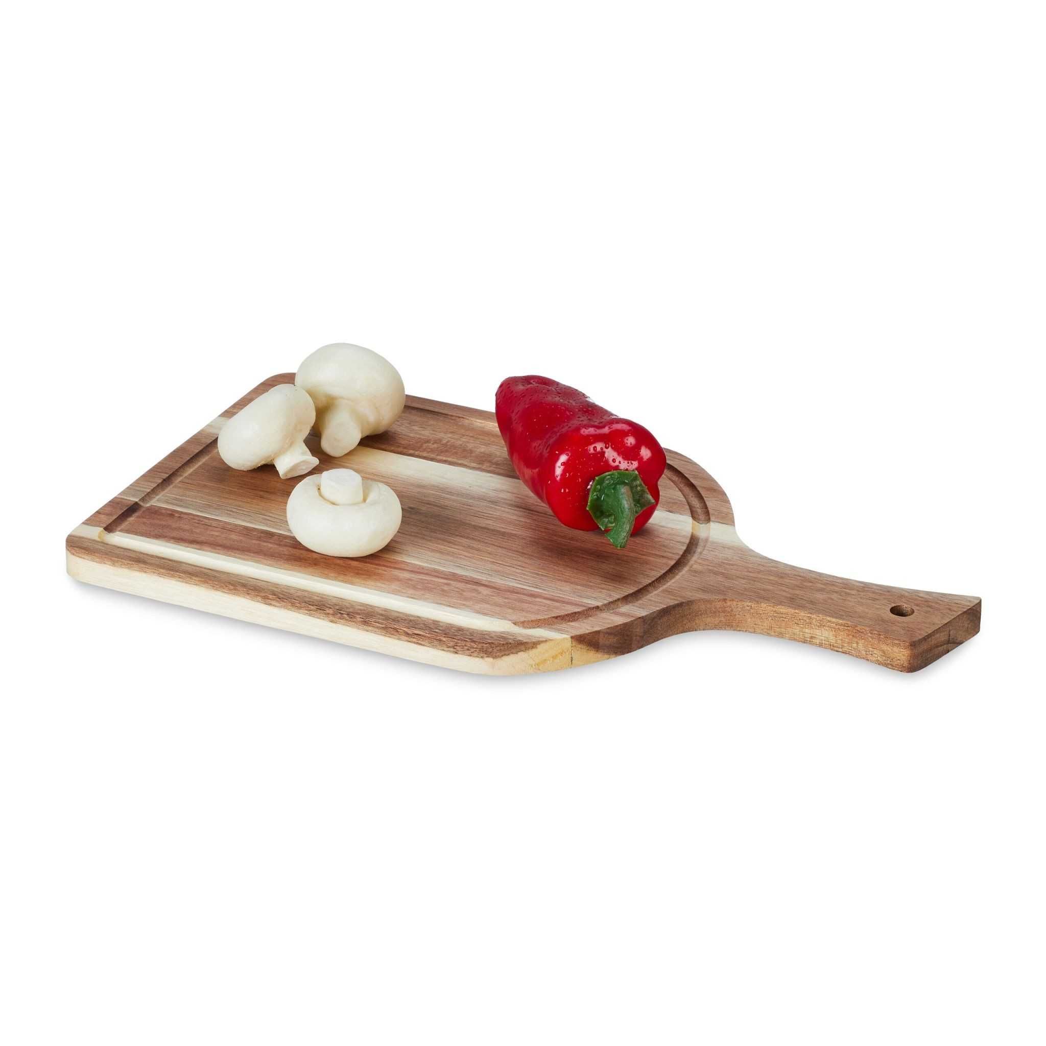 Tocator din lemn de acacia cu maner si sant pentru lichide 37 x 20 cm