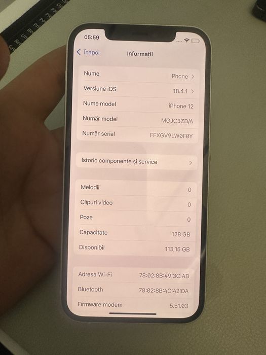 iPhone 12 alb impecabil, 128 GB, fără defecte, baterie 79%