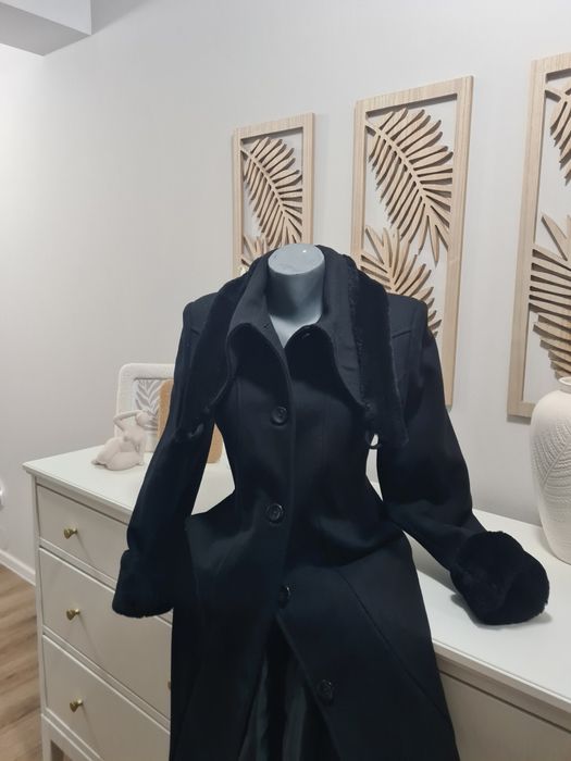 Palton lână  lung negru cu blanita