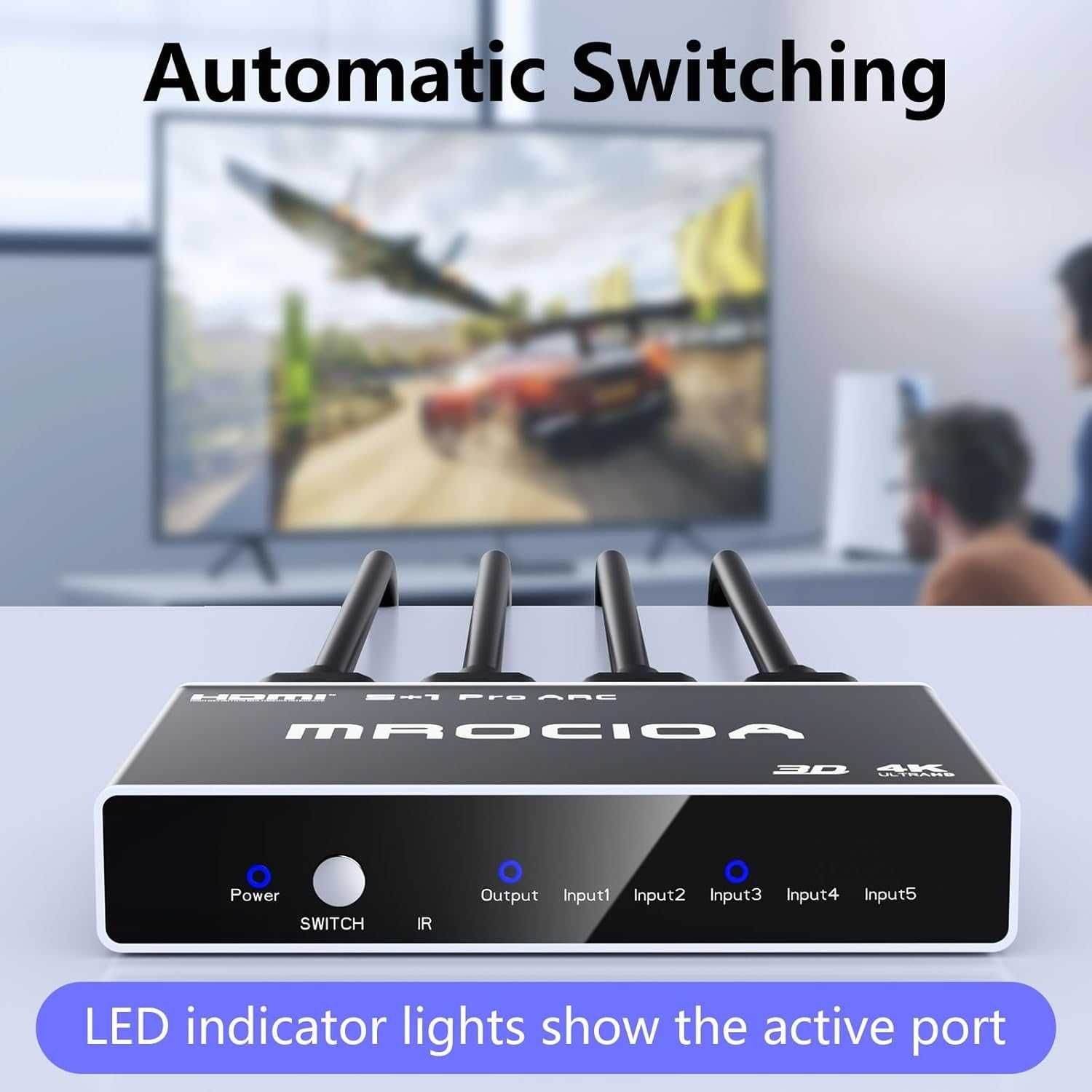 5 входа - 1 изход HDMI ARC превключвател, 4K 60Hz eARC автоматичен