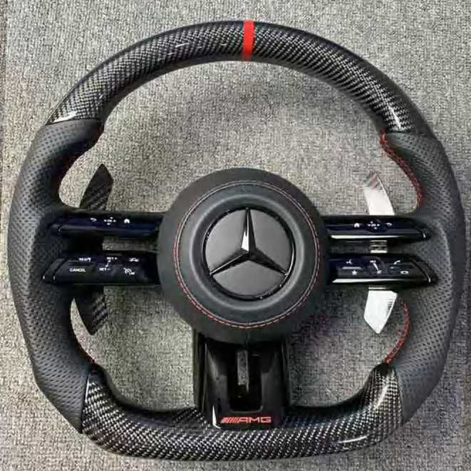 Mercedes AMG спортен волан – Carbon с червен маркер и шев (2019–2022)