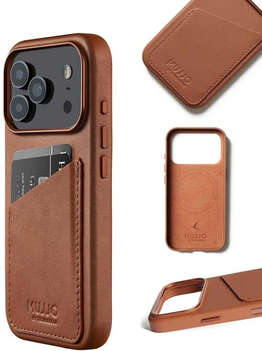 Кожен калъф-портфейл Mujjo за iPhone 17 Pro съвместим с MagSafe, кафяв