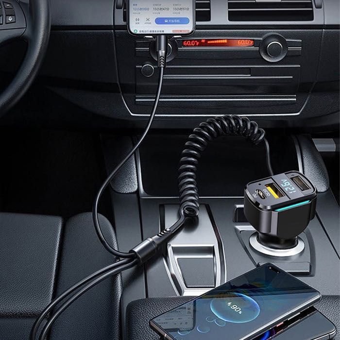 Бързо зарядно за кола с 3 USB порта и кабел за заплака 12v телефон