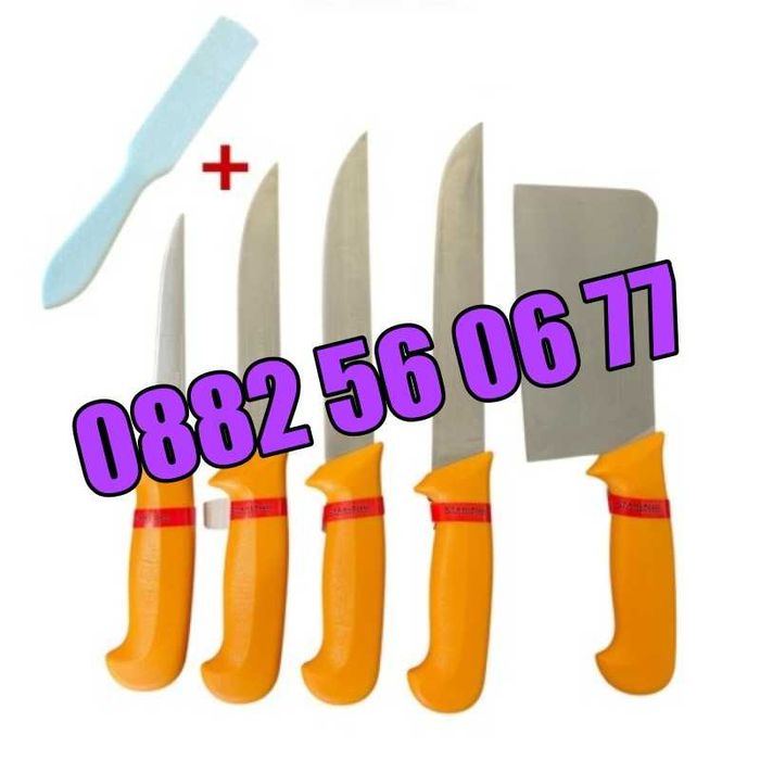 К-т от професионални месарски ножове и сатър 5 части+брус за заточване