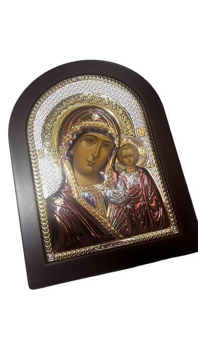 Икона Богородица и младенец сребърно фолио върху дърво