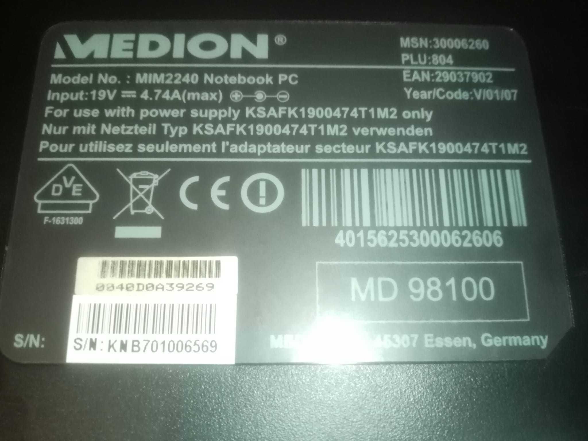 laptop Medion AKOYA MD 98100 Core Duo 1.6GHz 2GB RAM 160,GB+incarcator