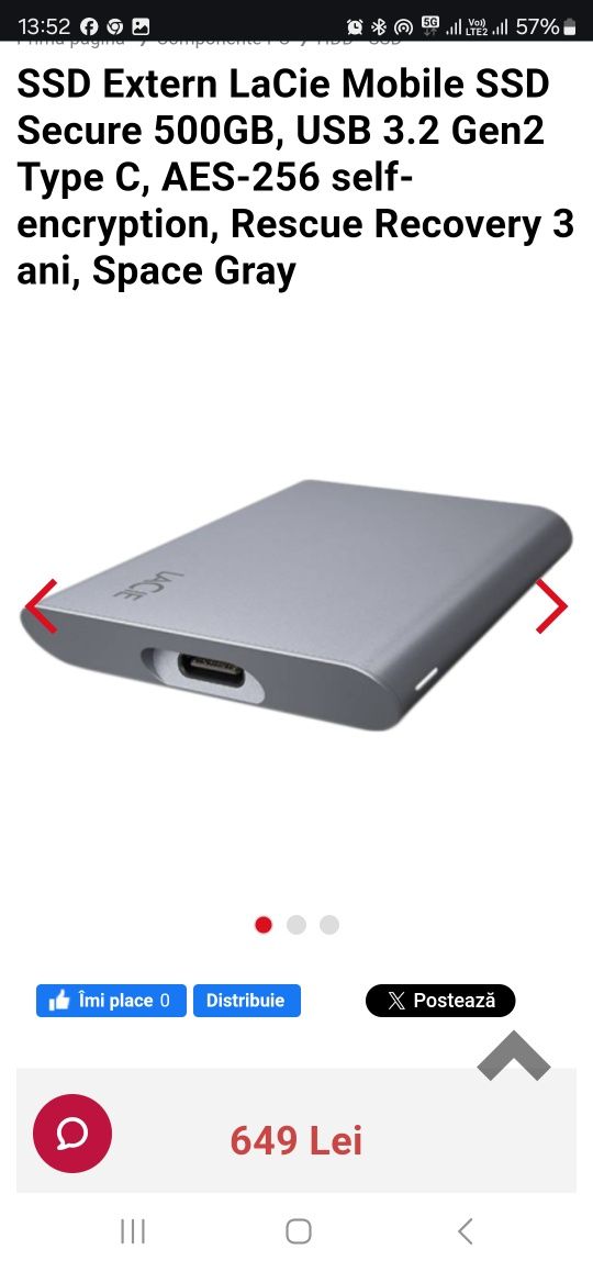 SSD Extern LaCie Mobile SSD Secure 500GB, USB 3.2 Gen2 Type C, AES-256