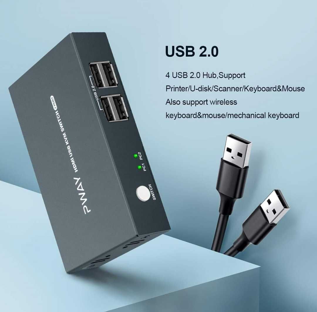 KVM превключвател HDMI 2в1  4K 30Hz с USB 2.0 хъбове с комплект кабели