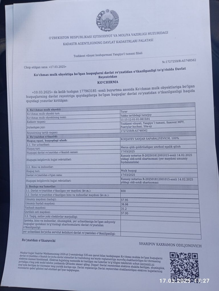 Uy sotiladi yangiy'ol tuman saxovat maxalla  6sotix