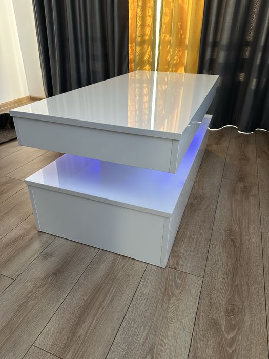 Masuta cafea - alb lucios / led-uri albastre