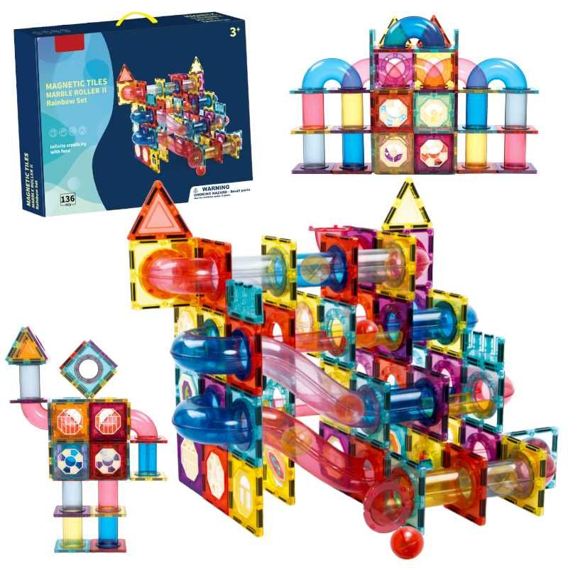 Set de Constructie Magnetic 136 Piese cu Tevi Tiles 3D+ minge colorata