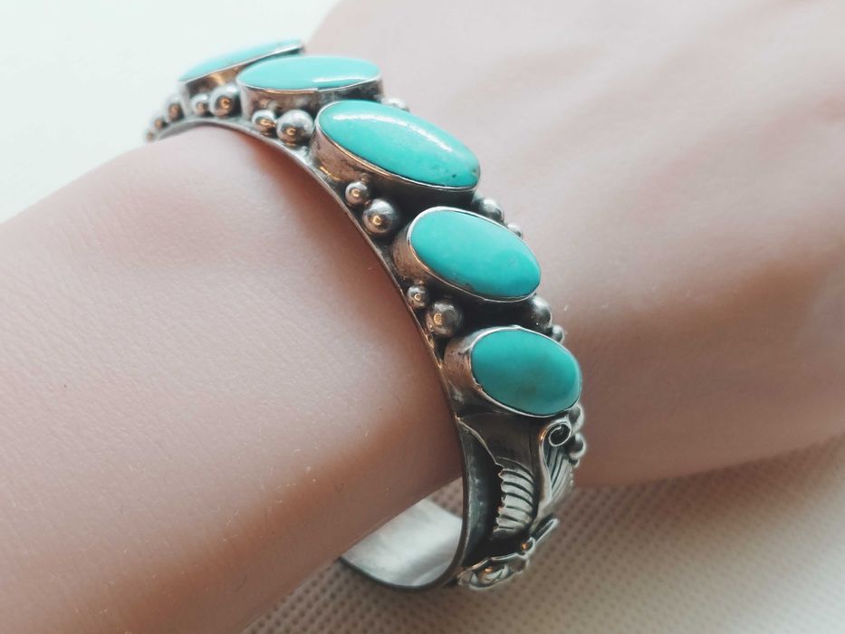Brățară din argint 925 cu 5 cabochonuri de turcoaz natural, Navajo