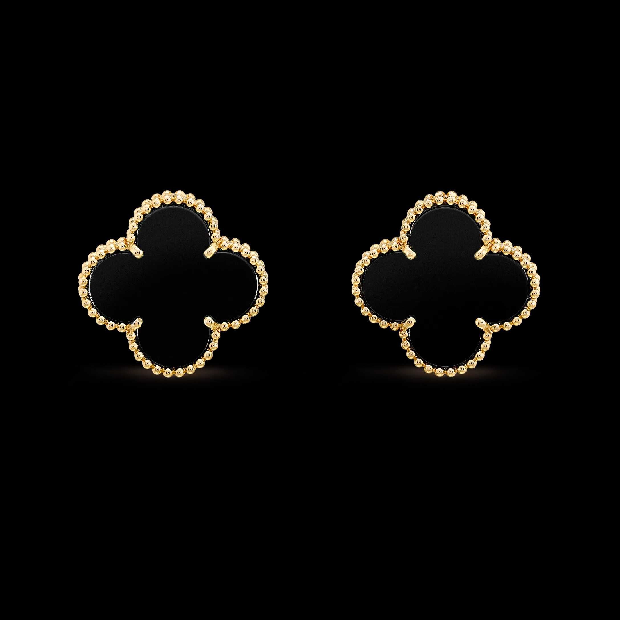 Van Cleef & Arpels VCA Gold Black Onyx Alhambra Clover Дамски Обеци