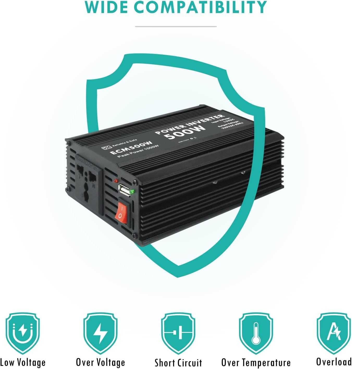 ECM 500 W модифициран синусоидален захр. инвертор DC 12 V към AC 230 V