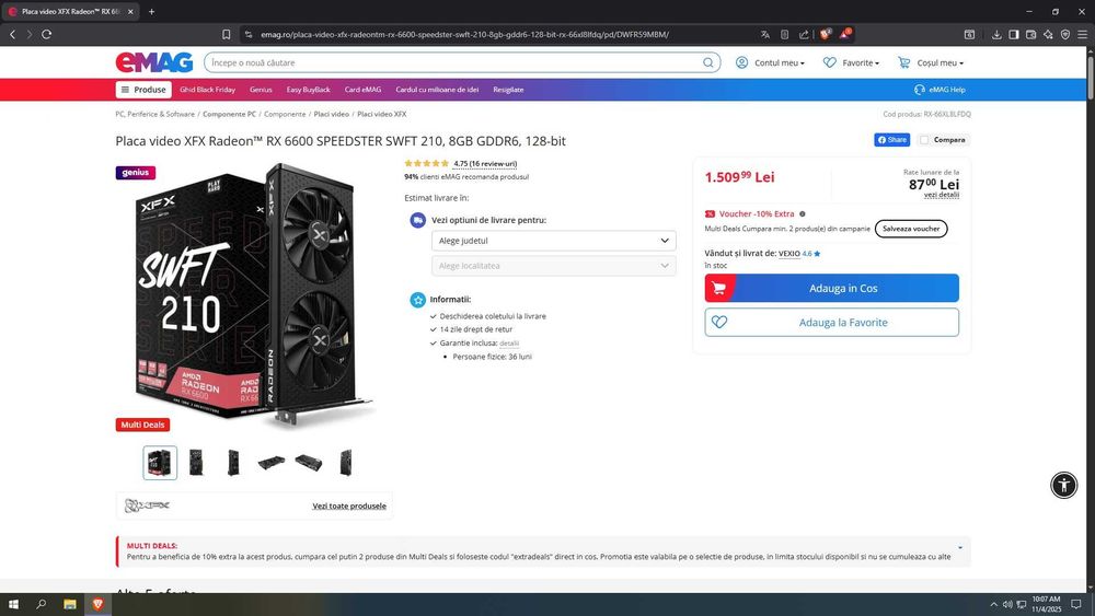 Unitate PC AMD Ryzen 7 3700X 32GB DDR4 3200MHz XFX RX 6600 8GB GDDR6