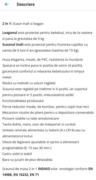 Vând scaun de masa cu leagan electric 2 in 1