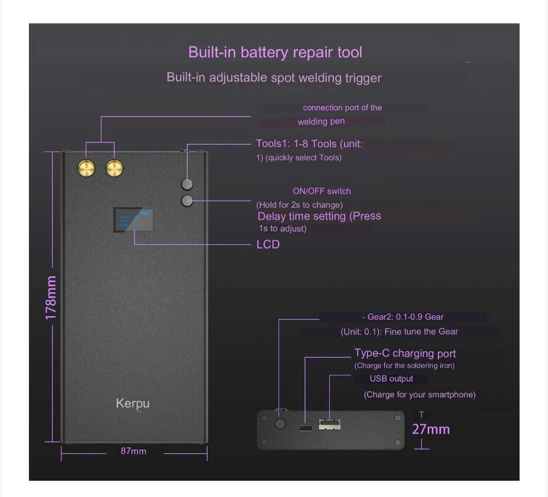 Апарат за точково заваряване, Kerpu 11000mAh батерия с LCD екран