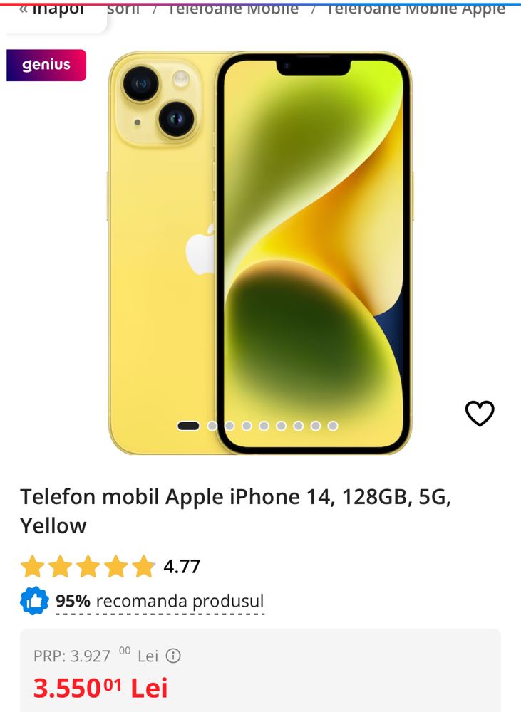Apple iPhone 14, 128GB, 5G, Yellow, sigilat