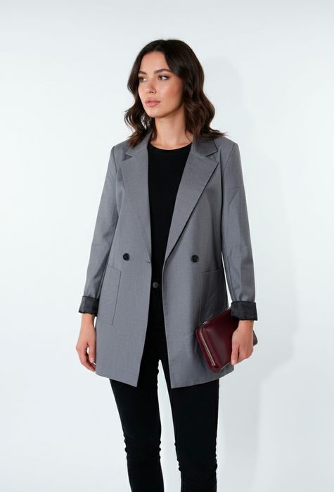 Жакет двубортный, удлиненный, серый, S