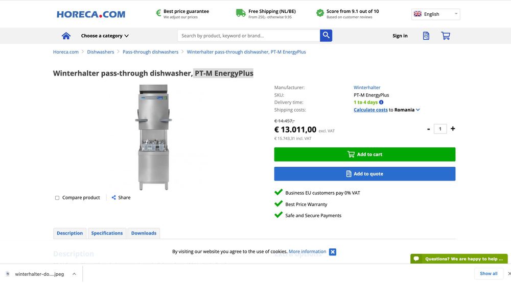 WINTERHALTER PT-M EnergyPlus - Masina spalat vase cu capota + Hota