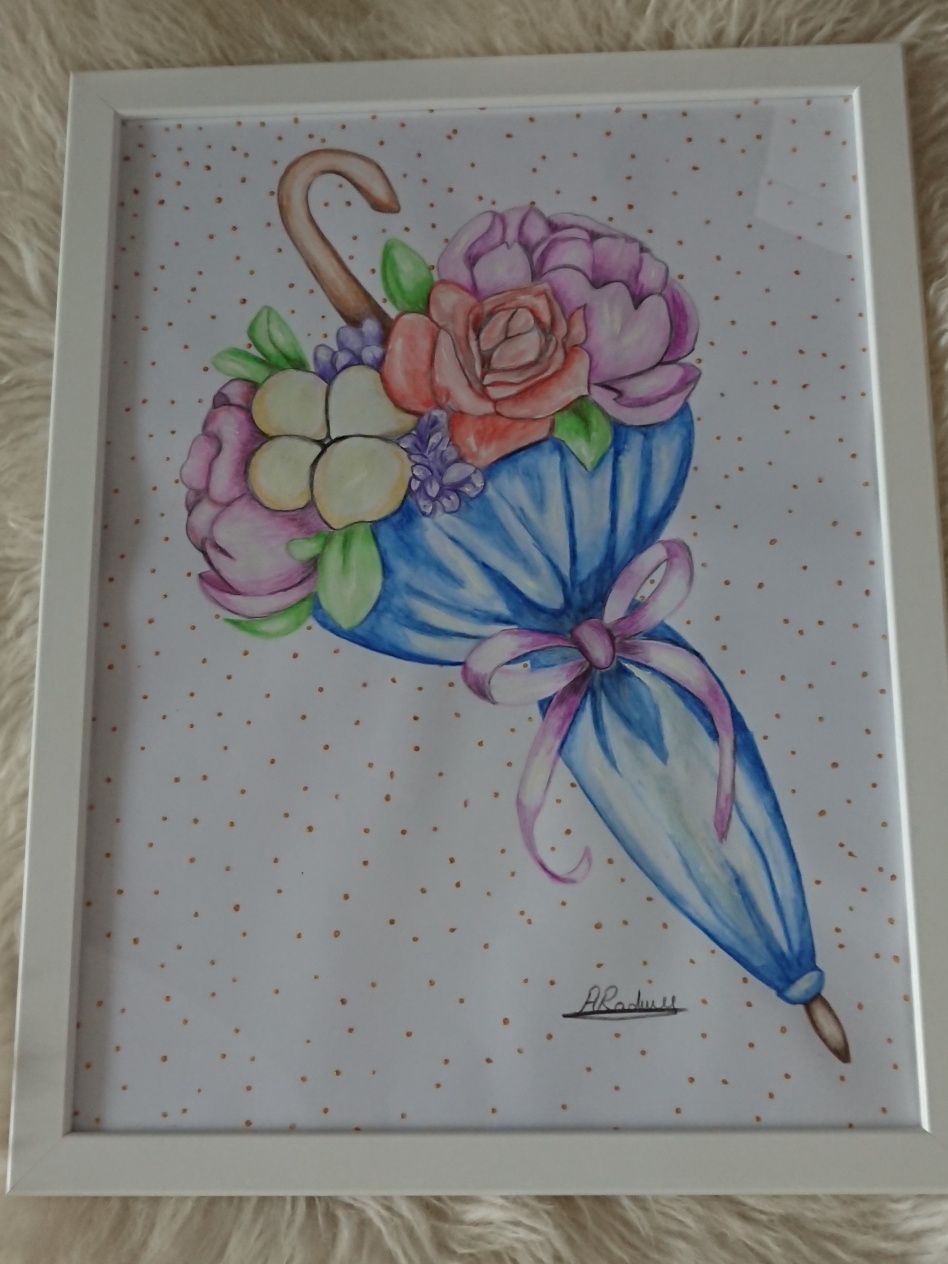 Tablou flori în umbrelă cu acrilic și creioane colorate 43x33cm