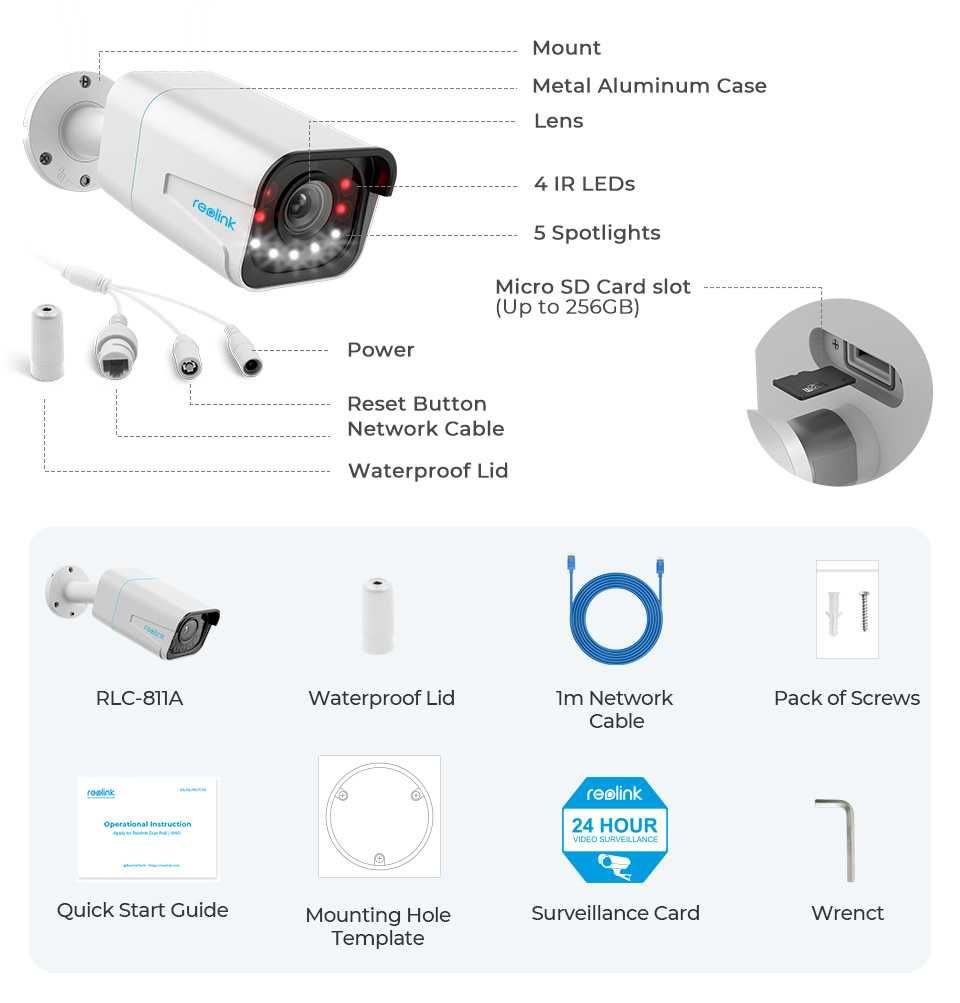 Reolink RLC-811A 8MP 4K 5x оптично увеличение IP66 охранителна камера