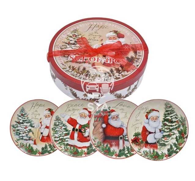 Коледни чинии, порцелан, Дядо Коледа/ Подаръци, 19 см, 4 бр.