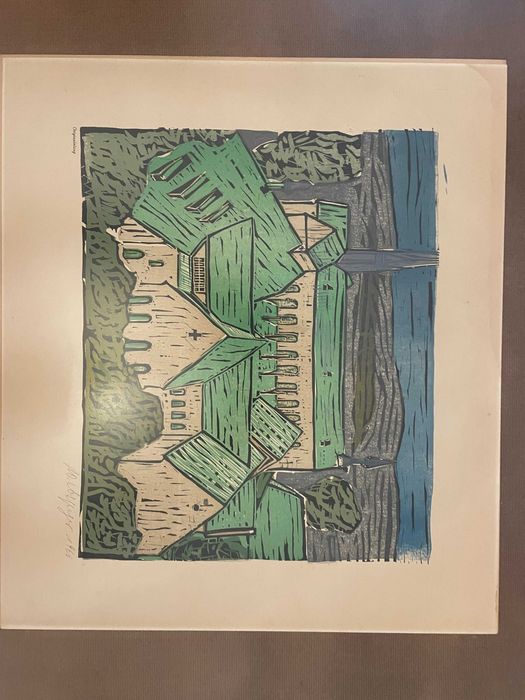 litografie print vechi semant original in rama expozitionala an 1963