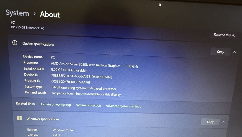 Laptop nou HP 255 G8 – Windows 11 Pro – 8GB RAM – 256GB SSD – 15.6″