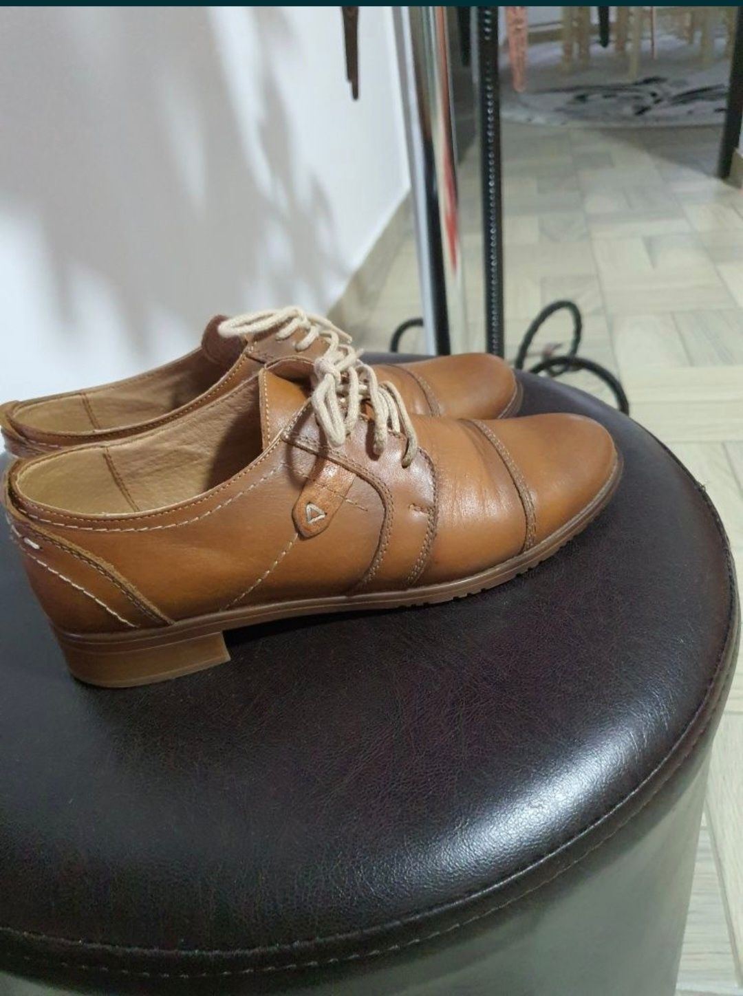 Pantofi din piele naturala cu snur, interior și exterior, nuanta camel