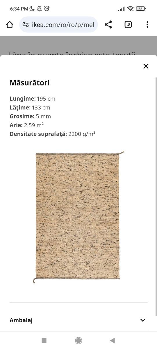 Covor IKEA Melholt iuta natural 133*195cm