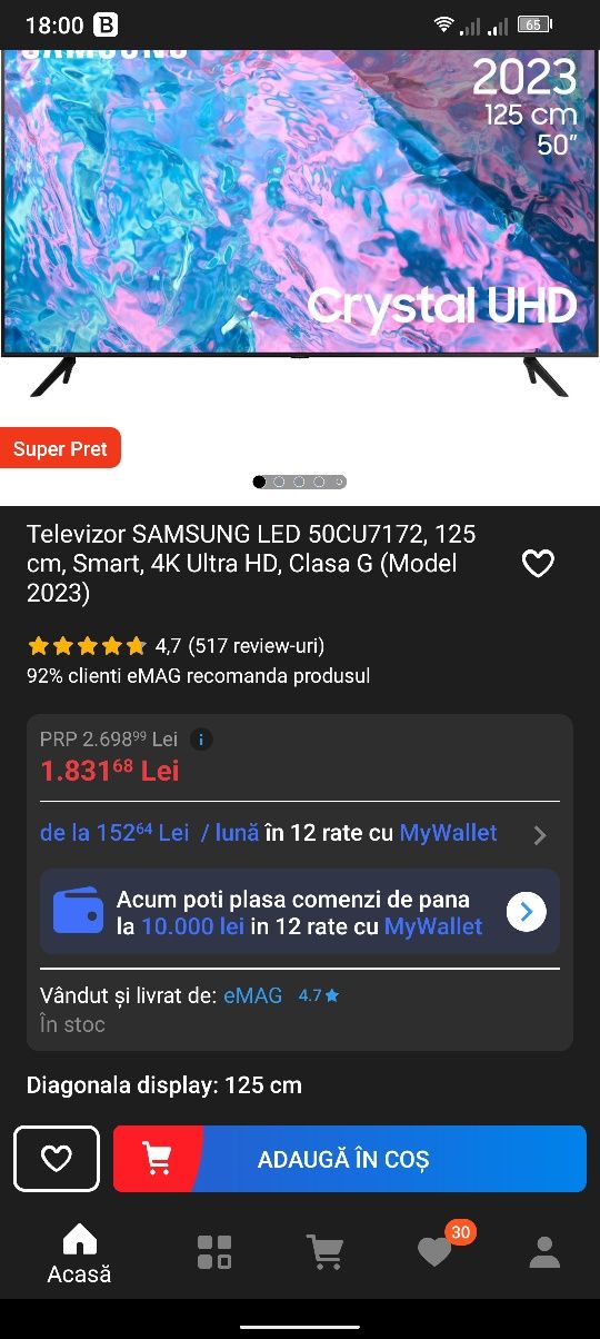 Smart TV Samsung Crystal UHD 4K 125cm - garantie