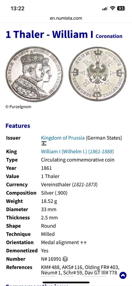 Сребърна монета: коронация Вилхелм и Августа