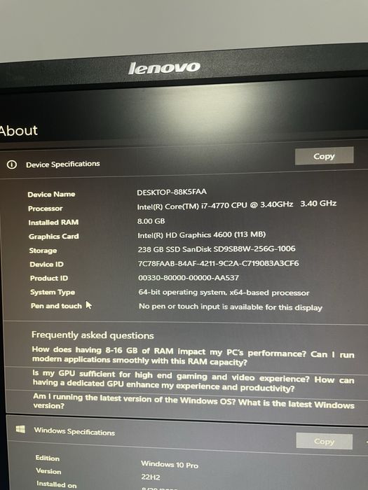 PC I7-4770 8 RAM + Monitor Lenovo ThinkVision Vand Urgent