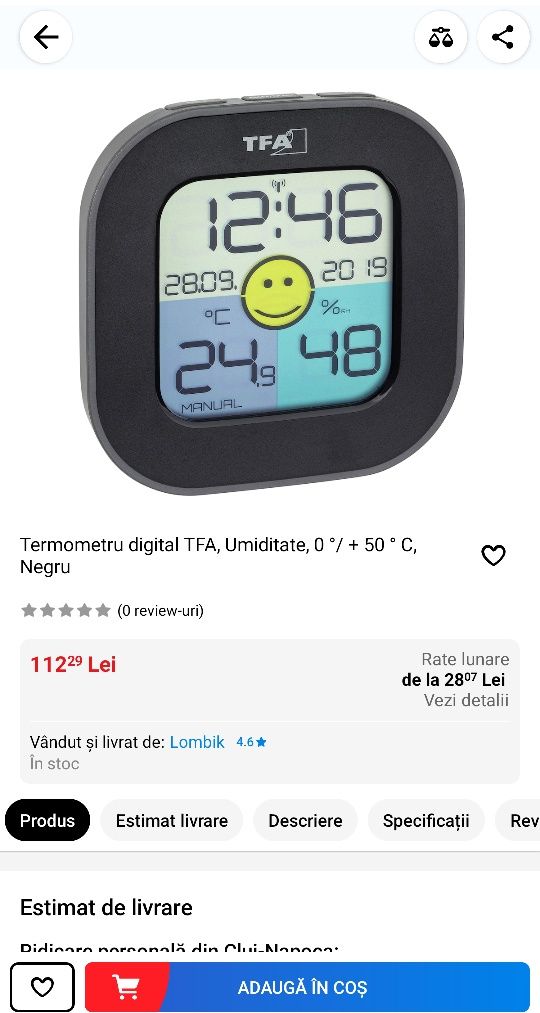 Termometru digital TFA, Umiditate, 0 °/ + 50 ° C, Negru