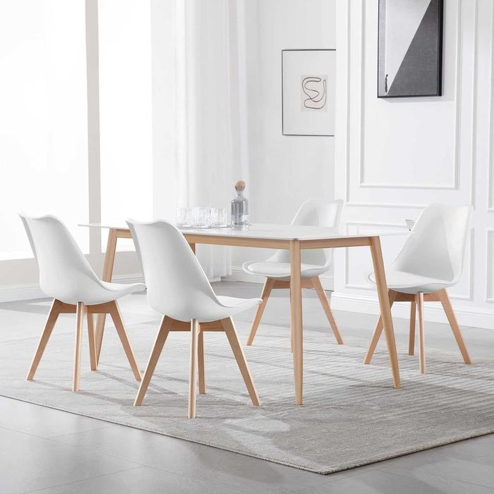 Трапезен стол 4 броя комплект бели с кожена седалка WOLTU